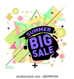 Summer sale memphis style web banner. Fashion and travel discount poster. Vector holiday Abstract colorful illustration with special offer and promotion.
