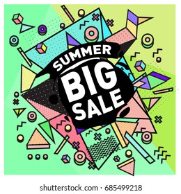 Summer sale memphis style web banner. Fashion and travel discount poster. Vector holiday Abstract colorful illustration with special offer and promotion.