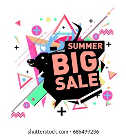 Summer sale memphis style web banner. Fashion and travel discount poster. Vector holiday Abstract colorful illustration with special offer and promotion.