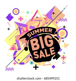 Summer sale memphis style web banner. Fashion and travel discount poster. Vector holiday Abstract colorful illustration with special offer and promotion.