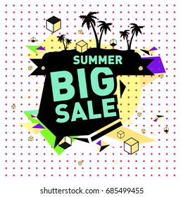Summer sale memphis style web banner. Fashion and travel discount poster. Vector holiday Abstract colorful illustration with special offer and promotion.