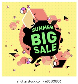 Summer sale memphis style web banner. Fashion and travel discount poster. Vector holiday Abstract colorful illustration with special offer and promotion.