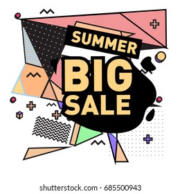 Summer sale memphis style web banner. Fashion and travel discount poster. Vector holiday Abstract colorful illustration with special offer and promotion.
