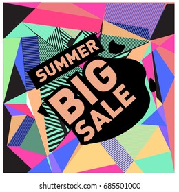 Summer sale memphis style web banner. Fashion and travel discount poster. Vector holiday Abstract colorful illustration with special offer and promotion.