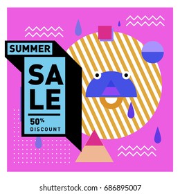 Summer sale memphis style web banner. Fashion and travel discount poster. Vector holiday Abstract colorful illustration with special offer and promotion.