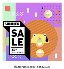 Summer sale memphis style web banner. Fashion and travel discount poster. Vector holiday Abstract colorful illustration with special offer and promotion.