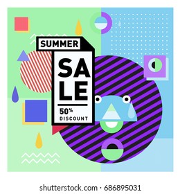 Summer sale memphis style web banner. Fashion and travel discount poster. Vector holiday Abstract colorful illustration with special offer and promotion.