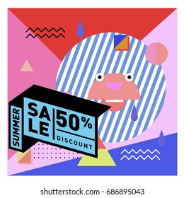 Summer sale memphis style web banner. Fashion and travel discount poster. Vector holiday Abstract colorful illustration with special offer and promotion.