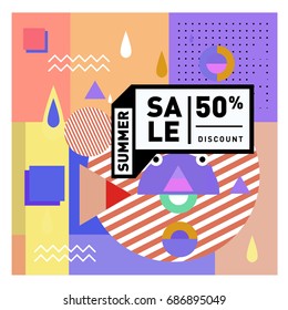 Summer sale memphis style web banner. Fashion and travel discount poster. Vector holiday Abstract colorful illustration with special offer and promotion.
