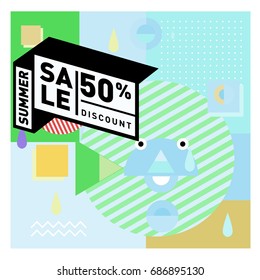 Summer sale memphis style web banner. Fashion and travel discount poster. Vector holiday Abstract colorful illustration with special offer and promotion.