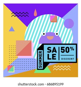 Summer sale memphis style web banner. Fashion and travel discount poster. Vector holiday Abstract colorful illustration with special offer and promotion.