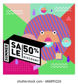 Summer sale memphis style web banner. Fashion and travel discount poster. Vector holiday Abstract colorful illustration with special offer and promotion.