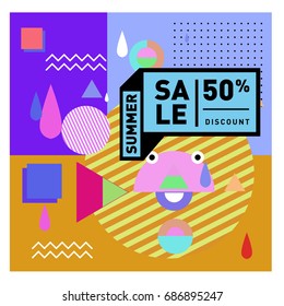 Summer sale memphis style web banner. Fashion and travel discount poster. Vector holiday Abstract colorful illustration with special offer and promotion.