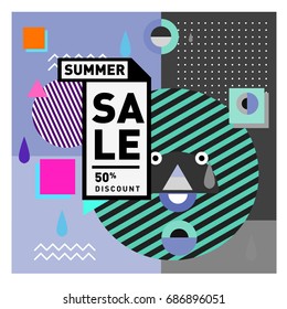 Summer sale memphis style web banner. Fashion and travel discount poster. Vector holiday Abstract colorful illustration with special offer and promotion.