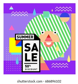 Summer sale memphis style web banner. Fashion and travel discount poster. Vector holiday Abstract colorful illustration with special offer and promotion.