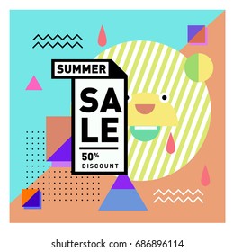 Summer sale memphis style web banner. Fashion and travel discount poster. Vector holiday Abstract colorful illustration with special offer and promotion.