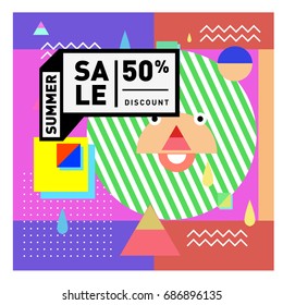 Summer sale memphis style web banner. Fashion and travel discount poster. Vector holiday Abstract colorful illustration with special offer and promotion.