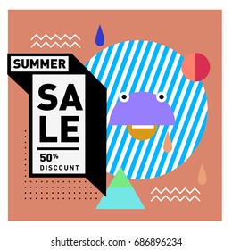 Summer sale memphis style web banner. Fashion and travel discount poster. Vector holiday Abstract colorful illustration with special offer and promotion.