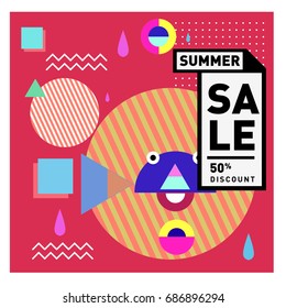 Summer sale memphis style web banner. Fashion and travel discount poster. Vector holiday Abstract colorful illustration with special offer and promotion.