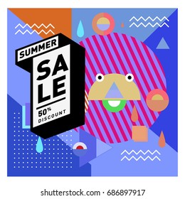 Summer sale memphis style web banner. Fashion and travel discount poster. Vector holiday Abstract colorful illustration with special offer and promotion.