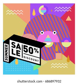 Summer sale memphis style web banner. Fashion and travel discount poster. Vector holiday Abstract colorful illustration with special offer and promotion.