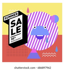 Summer sale memphis style web banner. Fashion and travel discount poster. Vector holiday Abstract colorful illustration with special offer and promotion.