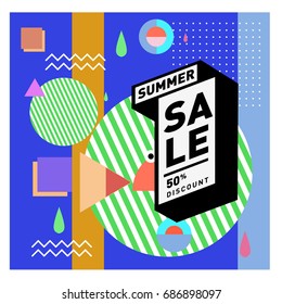 Summer sale memphis style web banner. Fashion and travel discount poster. Vector holiday Abstract colorful illustration with special offer and promotion.