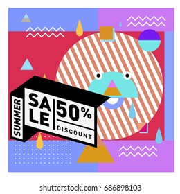 Summer sale memphis style web banner. Fashion and travel discount poster. Vector holiday Abstract colorful illustration with special offer and promotion.