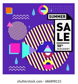 Summer sale memphis style web banner. Fashion and travel discount poster. Vector holiday Abstract colorful illustration with special offer and promotion.