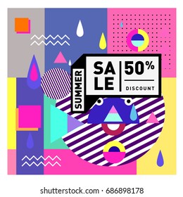 Summer sale memphis style web banner. Fashion and travel discount poster. Vector holiday Abstract colorful illustration with special offer and promotion.