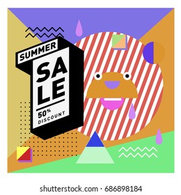 Summer sale memphis style web banner. Fashion and travel discount poster. Vector holiday Abstract colorful illustration with special offer and promotion.