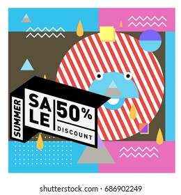 Summer sale memphis style web banner. Fashion and travel discount poster. Vector holiday Abstract colorful illustration with special offer and promotion.