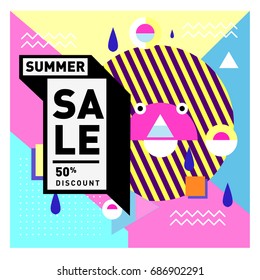 Summer sale memphis style web banner. Fashion and travel discount poster. Vector holiday Abstract colorful illustration with special offer and promotion.