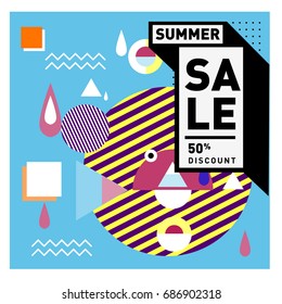 Summer sale memphis style web banner. Fashion and travel discount poster. Vector holiday Abstract colorful illustration with special offer and promotion.