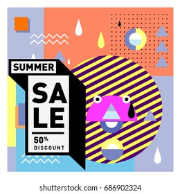 Summer sale memphis style web banner. Fashion and travel discount poster. Vector holiday Abstract colorful illustration with special offer and promotion.