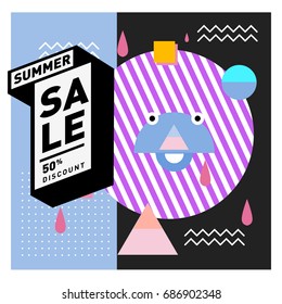 Summer sale memphis style web banner. Fashion and travel discount poster. Vector holiday Abstract colorful illustration with special offer and promotion.