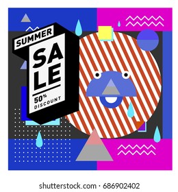 Summer sale memphis style web banner. Fashion and travel discount poster. Vector holiday Abstract colorful illustration with special offer and promotion.