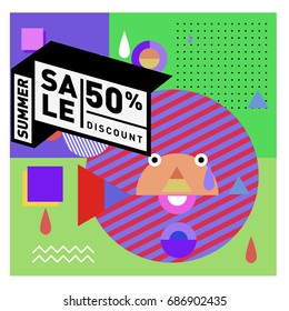 Summer sale memphis style web banner. Fashion and travel discount poster. Vector holiday Abstract colorful illustration with special offer and promotion.