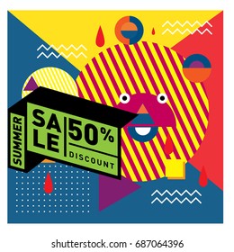 Summer sale memphis style web banner. Fashion and travel discount poster. Vector holiday Abstract colorful illustration with special offer and promotion.