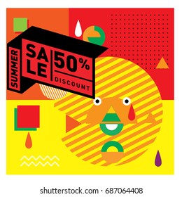 Summer sale memphis style web banner. Fashion and travel discount poster. Vector holiday Abstract colorful illustration with special offer and promotion.