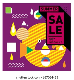 Summer sale memphis style web banner. Fashion and travel discount poster. Vector holiday Abstract colorful illustration with special offer and promotion.