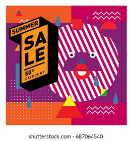 Summer sale memphis style web banner. Fashion and travel discount poster. Vector holiday Abstract colorful illustration with special offer and promotion.