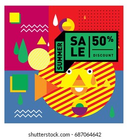 Summer sale memphis style web banner. Fashion and travel discount poster. Vector holiday Abstract colorful illustration with special offer and promotion.