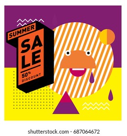 Summer sale memphis style web banner. Fashion and travel discount poster. Vector holiday Abstract colorful illustration with special offer and promotion.