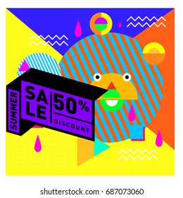 Summer sale memphis style web banner. Fashion and travel discount poster. Vector holiday Abstract colorful illustration with special offer and promotion.