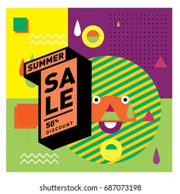 Summer sale memphis style web banner. Fashion and travel discount poster. Vector holiday Abstract colorful illustration with special offer and promotion.