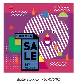 Summer sale memphis style web banner. Fashion and travel discount poster. Vector holiday Abstract colorful illustration with special offer and promotion.