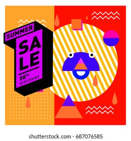 Summer sale memphis style web banner. Fashion and travel discount poster. Vector holiday Abstract colorful illustration with special offer and promotion.