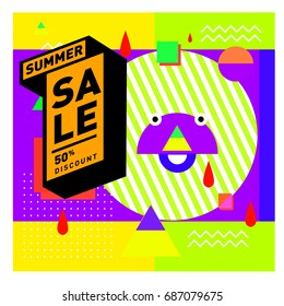 Summer sale memphis style web banner. Fashion and travel discount poster. Vector holiday Abstract colorful illustration with special offer and promotion.