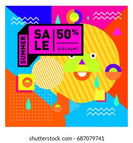 Summer sale memphis style web banner. Fashion and travel discount poster. Vector holiday Abstract colorful illustration with special offer and promotion.